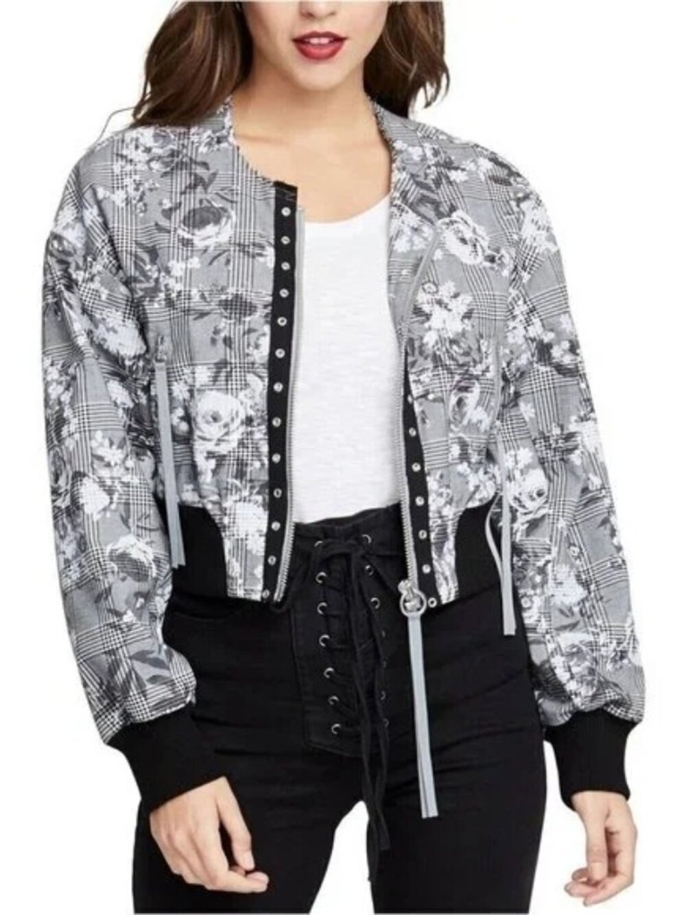 Rachel Roy Bomber Jacket Womens Size S Black White Floral Plaid Cropped Zippered